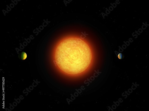 Sun-like star in space with two planets. Exoplanets in orbit around a yellow star.