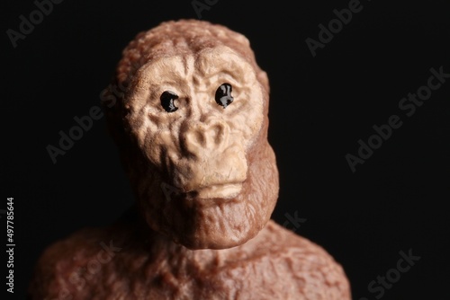 close up portrait of a primitive man doll on a black background