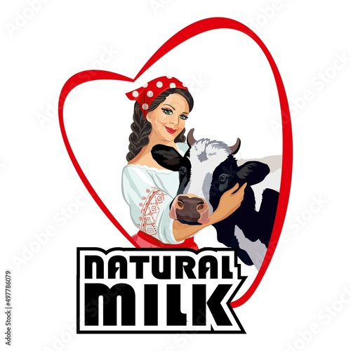Natural milk. Girl with a cow. The emblem for the dairy. Vector illustration.