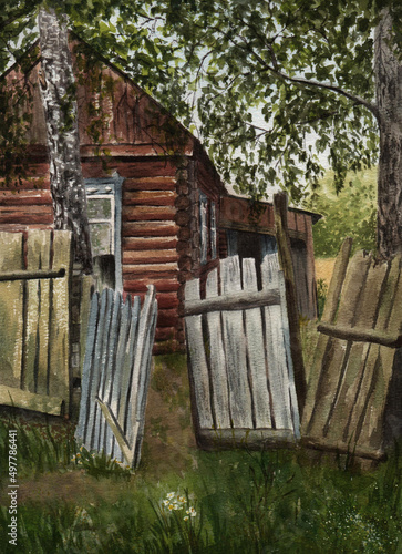 An old log rustic house with a dilapidated fence. Watercolor landscape with rural architecture.
