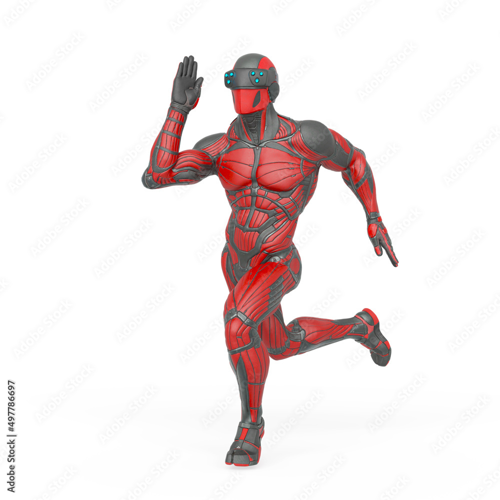 super hero in a exosuit is running in action super hero in a exosuit is running in action