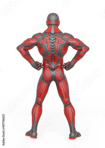 super hero in an exosuit is doing a power pose rear view © DM7