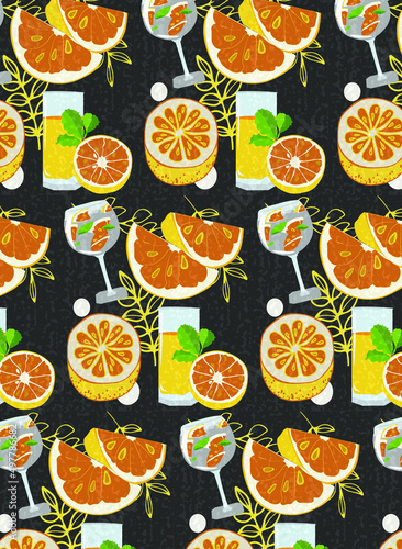Seamless pattern with oranges on the dark grey background
