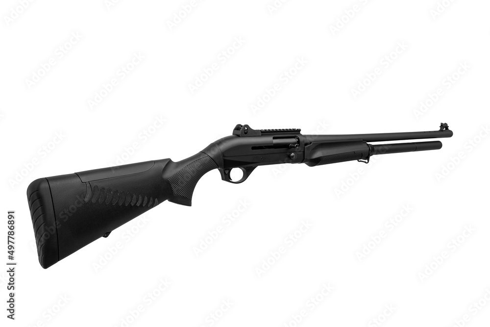 Modern semi-automatic shotgun. Weapons for sports and hunting. Black weapon isolate on white back. Modern semi-automatic shotgun. Weapons for sports and hunting. Black weapon isolate on white back.