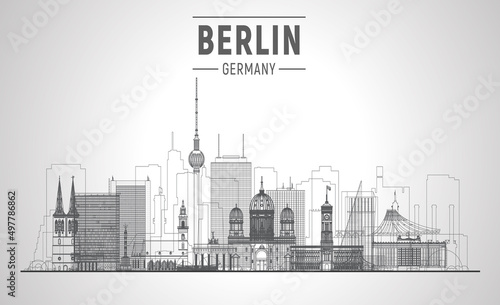 Berlin line skyline on a white background. Flat vector illustration. Business travel and tourism concept with modern buildings. Image for banner or web site.