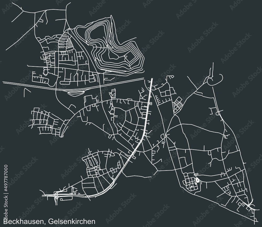 Detailed negative navigation white lines urban street roads map of the BECKHAUSEN DISTRICT of the German regional capital city of Gelsenkirchen, Germany on dark gray background