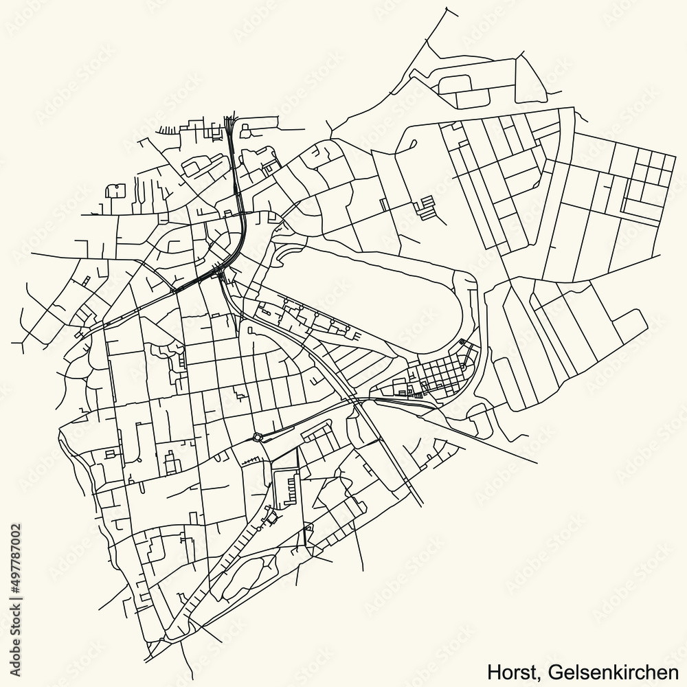 Detailed navigation black lines urban street roads map of the HORST DISTRICT of the German regional capital city of Gelsenkirchen, Germany on vintage beige background