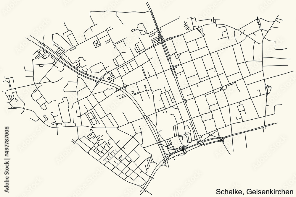 Detailed navigation black lines urban street roads map of the SCHALKE DISTRICT of the German regional capital city of Gelsenkirchen, Germany on vintage beige background