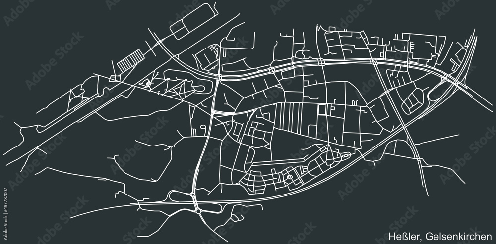Detailed negative navigation white lines urban street roads map of the HEßLER DISTRICT of the German regional capital city of Gelsenkirchen, Germany on dark gray background
