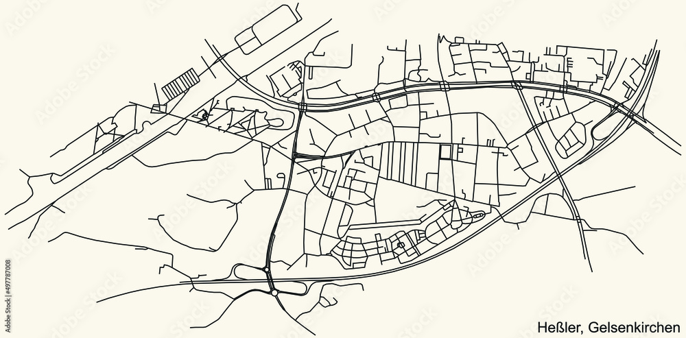 Detailed navigation black lines urban street roads map of the HEßLER DISTRICT of the German regional capital city of Gelsenkirchen, Germany on vintage beige background