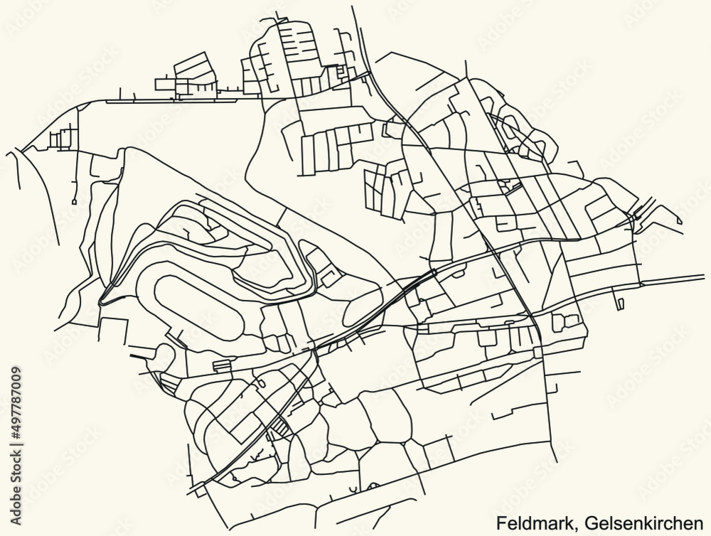 Detailed navigation black lines urban street roads map of the FELDMARK DISTRICT of the German regional capital city of Gelsenkirchen, Germany on vintage beige background