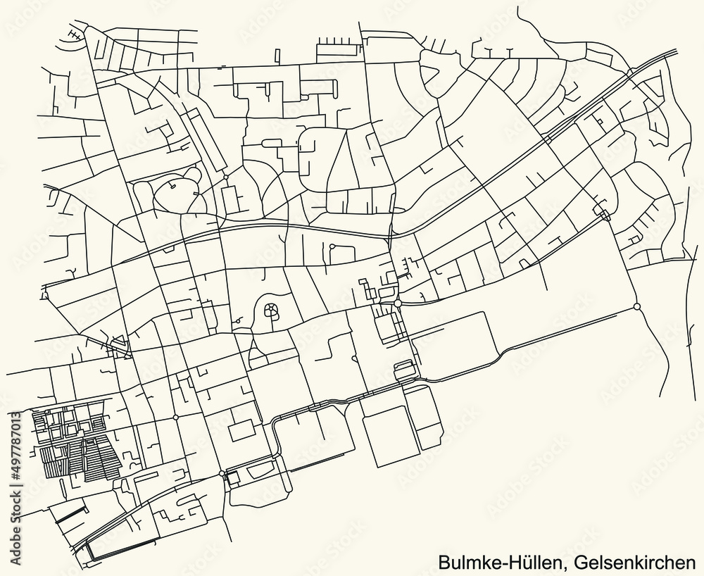 Detailed navigation black lines urban street roads map of the BULMKE-HÜLLEN DISTRICT of the German regional capital city of Gelsenkirchen, Germany on vintage beige background