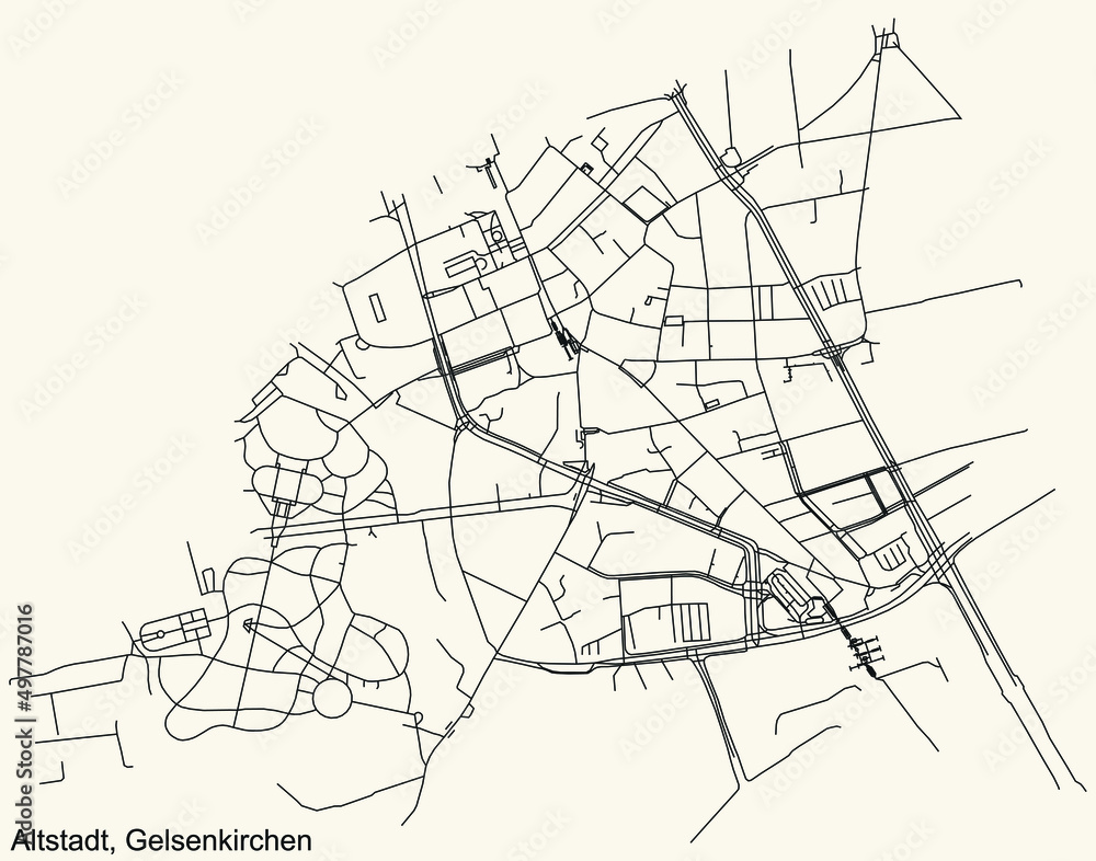 Detailed navigation black lines urban street roads map of the ALTSTADT DISTRICT of the German regional capital city of Gelsenkirchen, Germany on vintage beige background