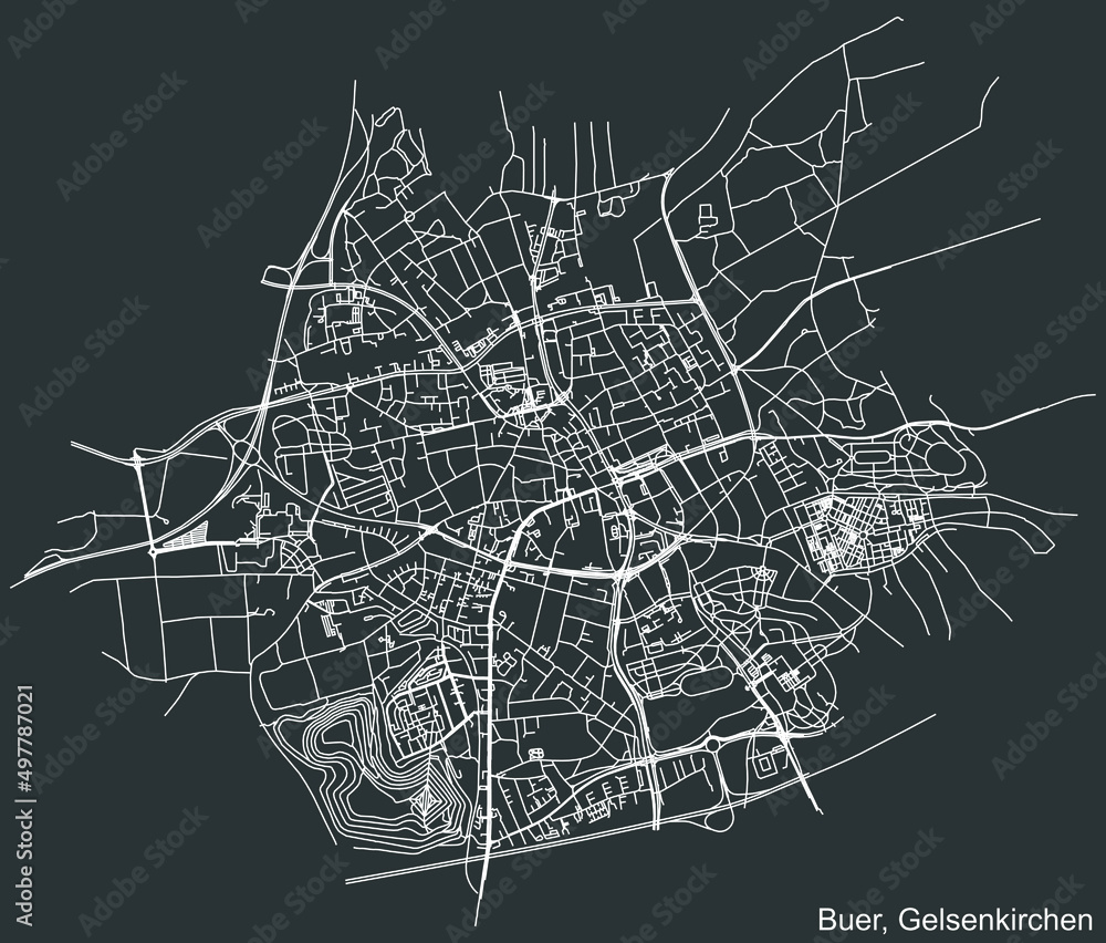 Detailed negative navigation white lines urban street roads map of the BUER DISTRICT of the German regional capital city of Gelsenkirchen, Germany on dark gray background