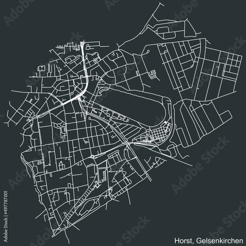Detailed negative navigation white lines urban street roads map of the HORST DISTRICT of the German regional capital city of Gelsenkirchen, Germany on dark gray background