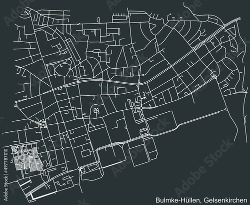 Detailed negative navigation white lines urban street roads map of the BULMKE-HÜLLEN DISTRICT of the German regional capital city of Gelsenkirchen, Germany on dark gray background
