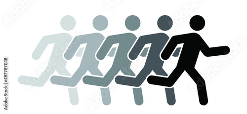 Runaway silhouette stickman icon or pictogram. Run, athletes logo. Running sports. Vectot man stick figure. teamwork icon or pitcogtram. Sport, marathon runners symbol. People flee route.