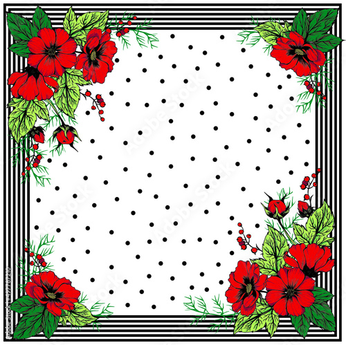 Red flowers and berries square pattern with black dots and stripes. Vector illustration.