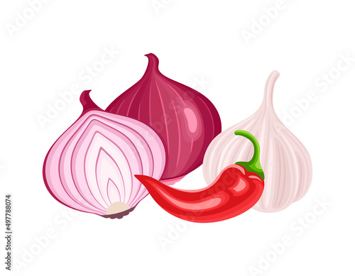 Onion, garlic and hot red chili pepper. Heap of spicy spices. Vector flat illustration, icon.