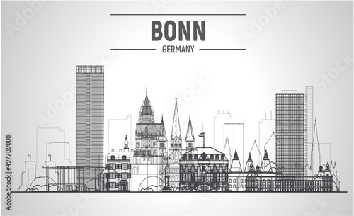 Bonn ( Germany ) line city skyline silhouette vector at white background. Stroke vector illustration. Business travel and tourism concept with modern buildings. Image for banner or web site.