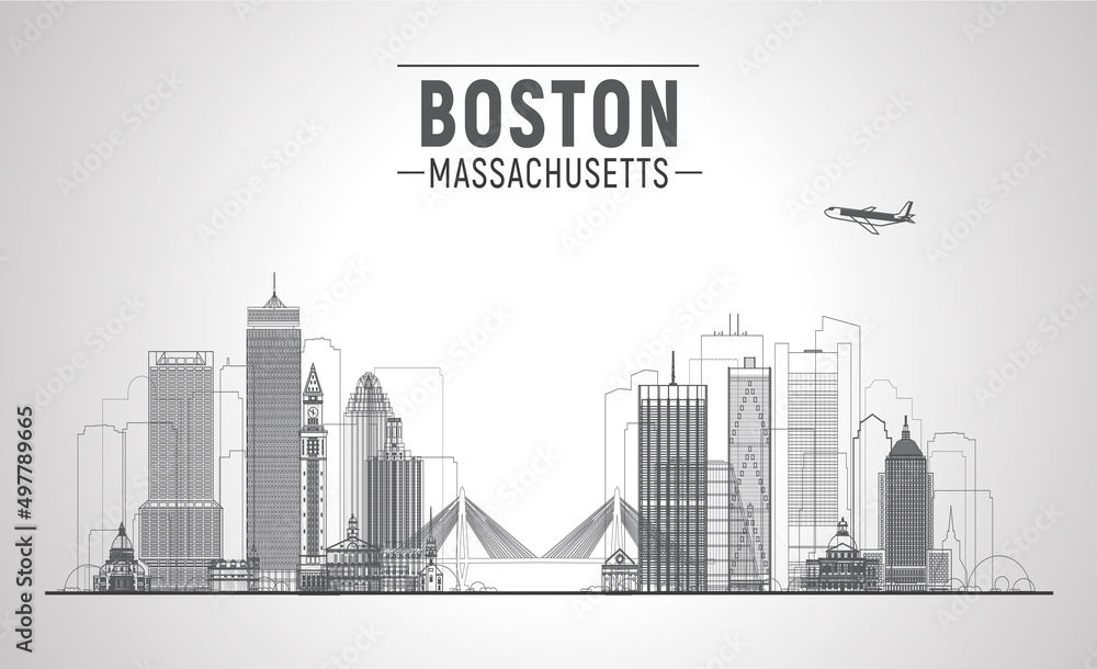 Obraz premium Boston ( Massachusetts, USA ) line city skyline with a panorama on white background. Vector Illustration. Business travel and tourism concept with modern buildings. Image for presentation, web.