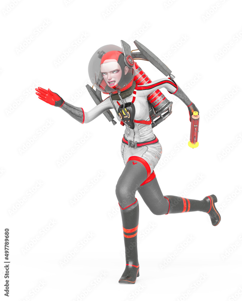 vintage astronaut girl is running with laser gun in her hand