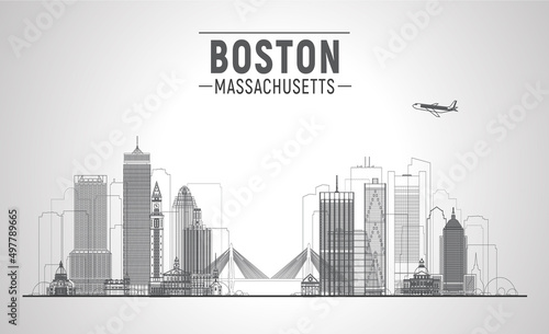 Boston ( Massachusetts, USA ) line city skyline with a panorama on white background. Vector Illustration. Business travel and tourism concept with modern buildings. Image for presentation, web.