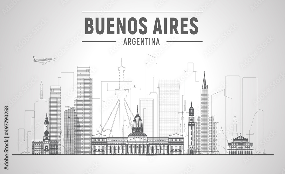 Fototapeta premium Buenos Aires ( Argentina ) line skyline with a panorama on white background. Vector Illustration. Business travel and tourism concept with modern buildings. Image for presentation, banner, website.