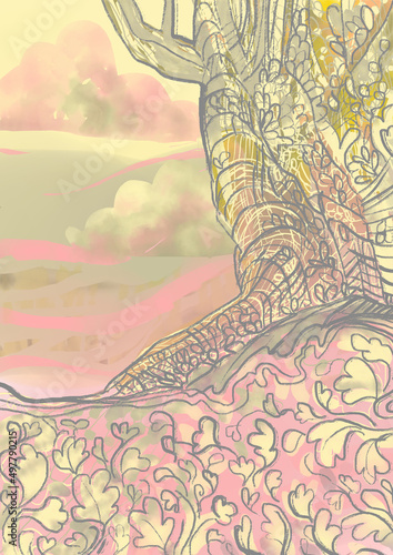 illustration background for spring in pink and green tones