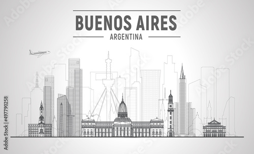 Buenos Aires   Argentina   line skyline with a panorama on white background. Vector Illustration. Business travel and tourism concept with modern buildings. Image for presentation  banner  website.