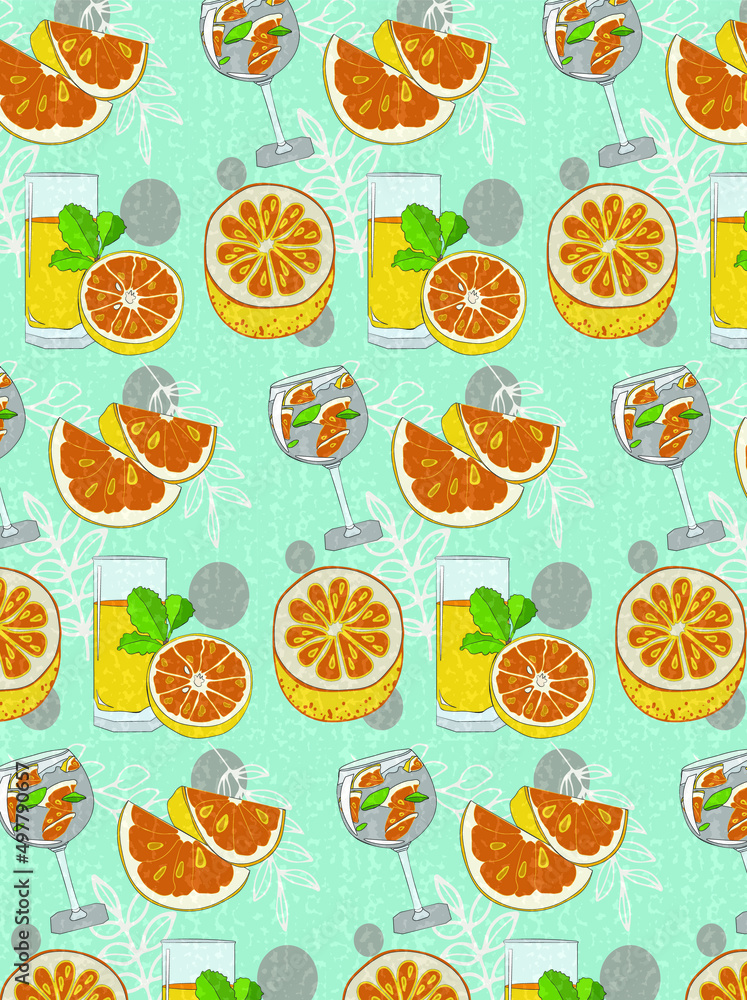 Seamless pattern with oranges and juice on the light blue background. Seamless pattern with oranges and juice on the light blue background.
