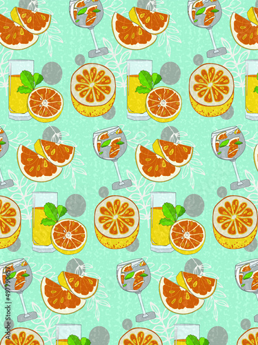  Seamless pattern with oranges and juice on the light blue background.