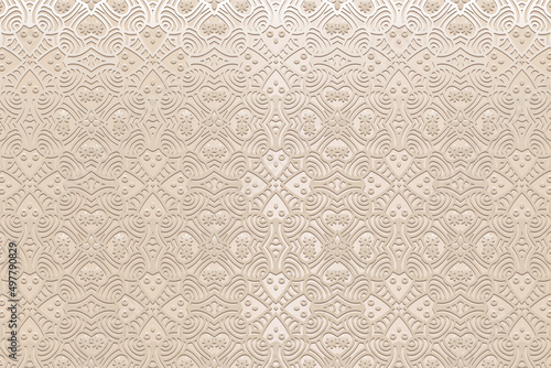 Vintage embossed satin beige background, cover design. Geometric artistic 3D pattern, ethnic texture. Creativity of the peoples of the East, Asia, India, Mexico, Aztecs, Peru in handmade style. © swetazwet