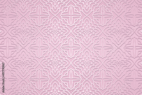 Vintage embossed satin glam pink background, cover design. Geometric 3D pattern, ethnic texture. Creativity of the peoples of the East, Asia, India, Mexico, Aztecs, Peru in handmade style.