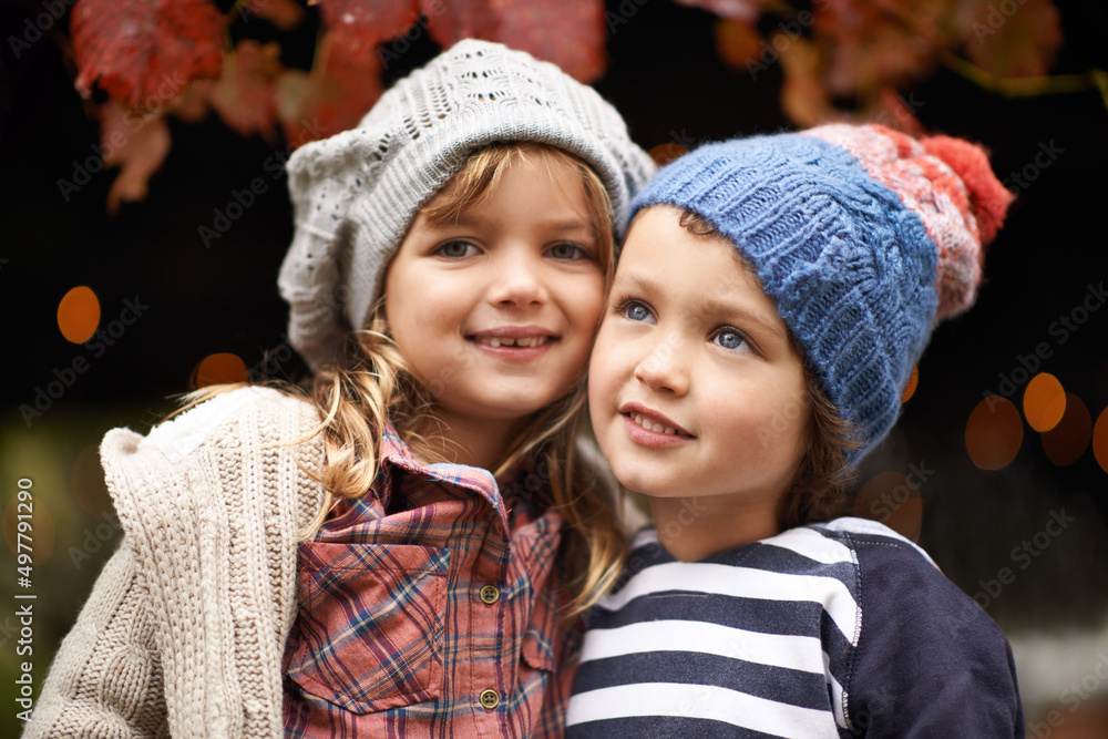 Obraz premium Hes not just my brother - hes my best friend. Portrait of a cute brother and sister standing outdoors on an autumn day.