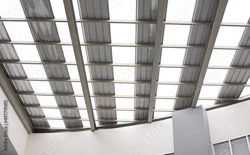 Details of the steel structure supporting the glass roof in the building