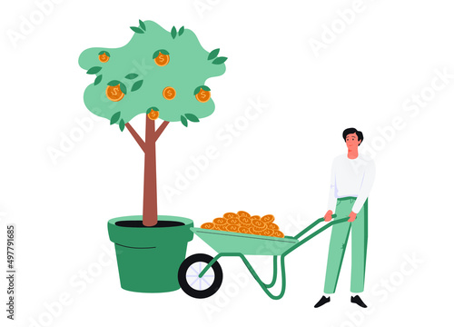 Harvest money from investment profit or earning, growing wealth or stock market prosperity, economic boom.