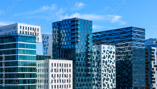 Modern glass and steel high rise office buildings in Oslo, Norway, concepts of economy, business, commerce photo