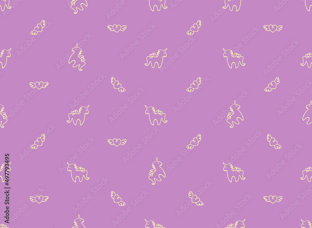 Cute unicorn horse with wings and heart with wings, vector seamless pattern. Purple background. Hand drawn line drawing. Wallpaper, textiles, covers, paper packaging, postcards, children's clothing Cute unicorn horse with wings and heart with wings, vector seamless pattern. Purple background. Hand drawn line drawing. Wallpaper, textiles, covers, paper packaging, postcards, children's clothing