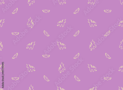 Cute unicorn horse with wings and heart with wings, vector seamless pattern. Purple background. Hand drawn line drawing. Wallpaper, textiles, covers, paper packaging, postcards, children's clothing