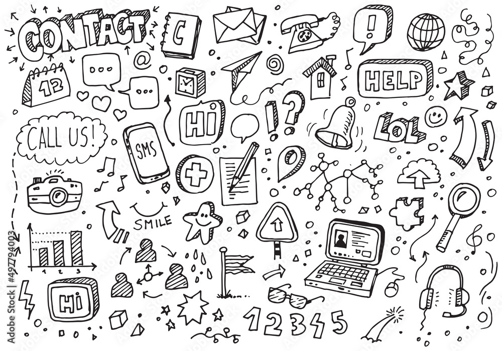 Contact icons doodle set, vector illustration isolated on white background, hand drawing Contact icons doodle set, vector illustration isolated on white background, hand drawing