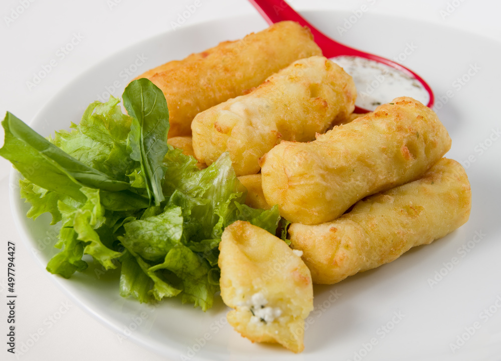 Baked cheese pies on a white bowl with fresh green lettuce leaves. Baked cheese pies on a white bowl with fresh green lettuce leaves.