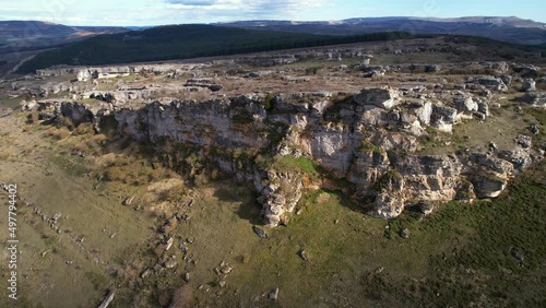 Aerial view of geological park of Las Tuerces in Palencia, Castilla y Leon, Spain,. High quality 4k footage photo