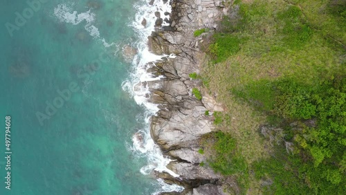 Aerial view of the natural top-down coastal landscape in the tropical Phuket Andaman Sea, south of the beautiful landscape.  Thailand beautiful and fascinating nature  The world's most popular marine  photo