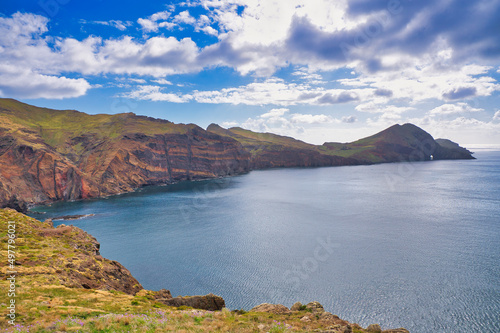 Ponta de Sao Lourenco, Madeira,Portugal. Beautiful scenic mountain view of green landscape,cliffs and Atlantic Ocean.