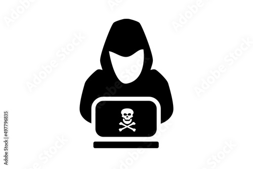 A symbol of cybercrimes. Hacker with a laptop vector solid icon. Password or personal data hacking and identity theft, make viruses and spam. The concept of fishing or online fraud.