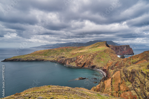 Ponta de Sao Lourenco, Madeira,Portugal. Beautiful scenic mountain view of green landscape,cliffs and Atlantic Ocean.