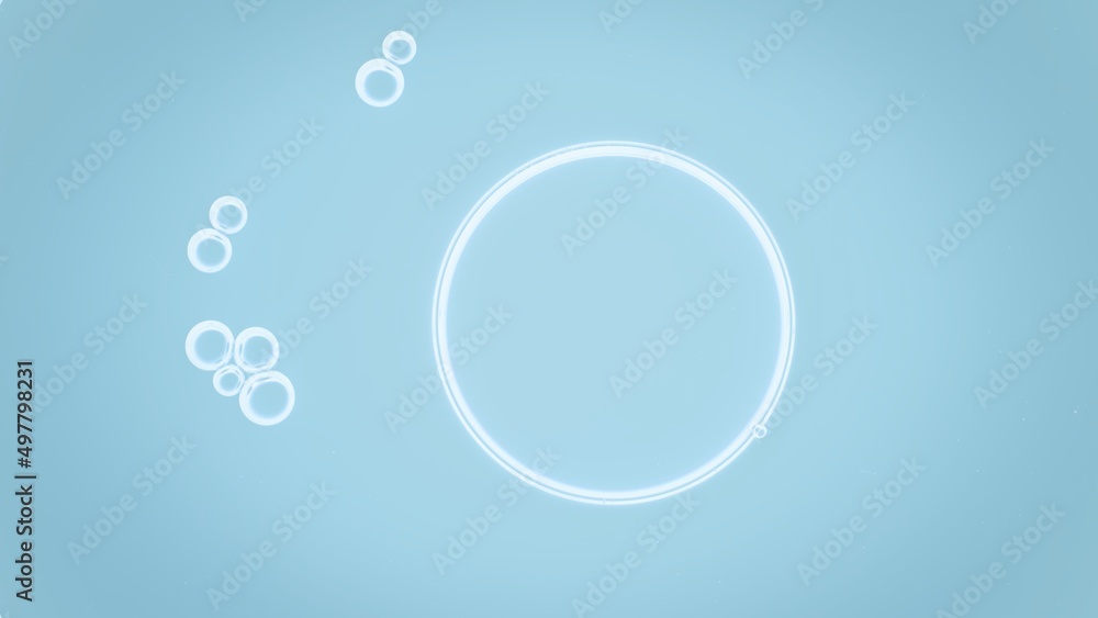 Macro shot of big white bubble of hyaluronic acid with several smaller bubbles floating near it on blue background | Abstract cosmetic ingredients Macro shot of big white bubble of hyaluronic acid with several smaller bubbles floating near it on blue background | Abstract cosmetic ingredients