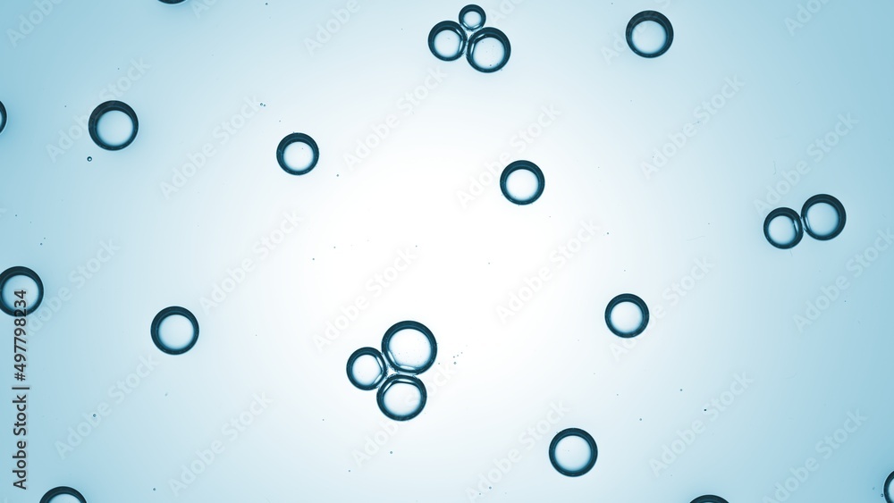 Small transparent bubbles of hyaluronic acid floating spontaneously in transparent liquid against blue background | Abstract cosmetic ingredients background