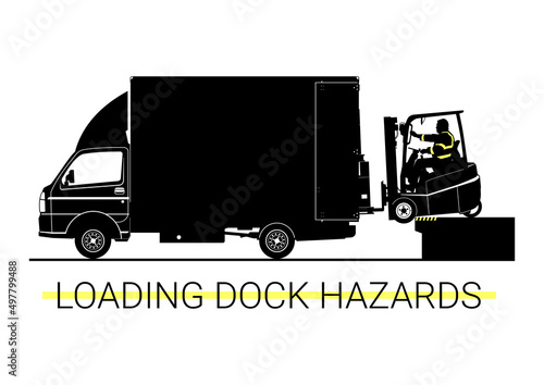 Loading dock hazards. Silhouette forklift truck falling from loading deck. Vector.